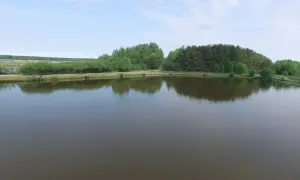 Widok na łowisko z pomostami i drzewami w tle, odbijającymi się w spokojnej wodzie.