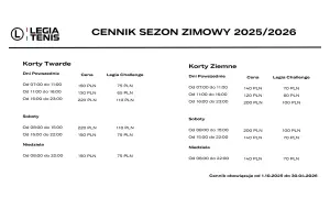 Cennik Legia Tenis sezon zimowy 2025/2026. Sprawdź, ile kosztuje karta PZW na korty twarde i ziemne w dni powszednie, soboty i niedziele.