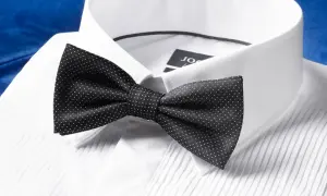 Czarna mucha w kropki na białej koszuli. Dowiedz się, jak założyć muchę, by wyglądać elegancko.