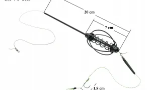 Akcesoria do metody jak zrobić wędkę na grunt: koszyczek zanętowy 7 cm, żyłka 71 cm, haczyk 1,8 cm.