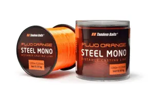 Jaka żyłka na karpie? Pomarańczowa żyłka Tandem Baits Steel Mono, 1200m, 0,35mm, test 8,50kg. Idealna na dalekie rzuty.
