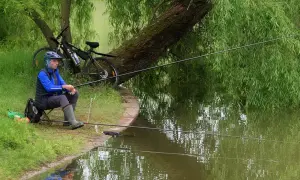 Wędkarz siedzi nad wodą, czekając na branie. Obok rower, a w zanęcie pellet na suma.