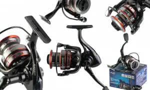Elegancki kołowrotek do bolonki Black Bass, z metalową szpulą i czarnym korpusem, idealny na ryby.