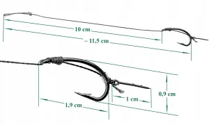 Gotowy przypon do metody z igłą, długość ok. 11,5 cm, haczyk 1,9 cm, igła 1 cm, szerokość 0,9 cm.
