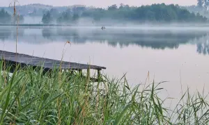 Poranna mgła nad zalewem w Janowicach. Drewniany pomost i trzciny na pierwszym planie, na wodzie mała łódka.