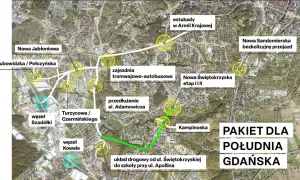 Mapa planowanych inwestycji drogowych w Gdańsku. Widoczny zielona zatoka łącznik między ulicami.