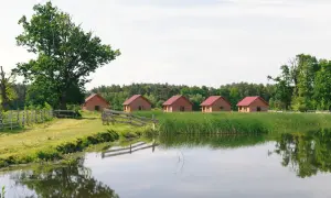 Cztery drewniane domki z czerwonymi dachami nad jeziorem. Ostoja Milicz cennik - idealne miejsce na wypoczynek.