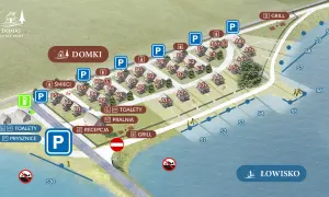 Mapa ośrodka Domki Kuter Port. Widoczne domki, parkingi, toalety, pralnia, recepcja, grill i łowisko.