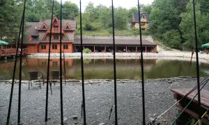 Wędki czekają nad jeziorem. Malownicze łowisko komercyjne dolnośląskie z drewnianymi domkami i zadaszoną restauracją.