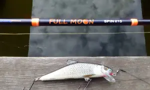 Jaki spinning na szczupaka z brzegu? Wędka "Full Moon Spin 215" i realistyczna przynęta czekają na wodzie.