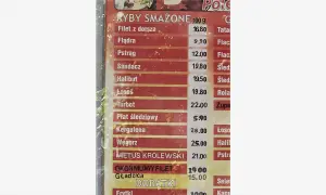 Cennik ryb smażonych: dorsz 16.80, flądra 9.90, pstrąg 12.00, sandacz 19.80, halibut 19.50, łosoś 19.80, turbot 22.00, płat śledziowy 5.90.