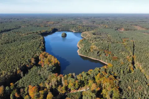 Malownicze jezioro Ostrowite Kujawsko-Pomorskie otoczone jesiennym lasem. Na środku jeziora mała, zielona wyspa.