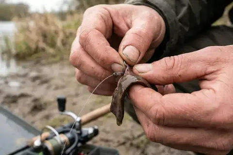 Dłonie wędkarza zakładają rosówkę na haczyk.
