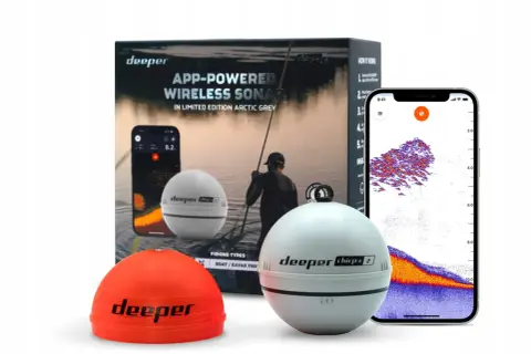 Deeper Chirp+ 2, sonar wędkarski, z aplikacją na telefonie pokazującą ryby. Pomarańczowy i biały model.