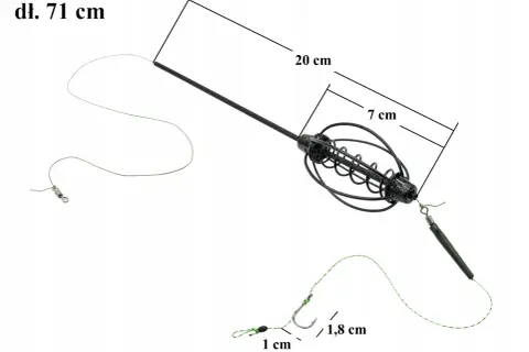 Akcesoria do metody jak zrobić wędkę na grunt: koszyczek zanętowy 7 cm, żyłka 71 cm, haczyk 1,8 cm.
