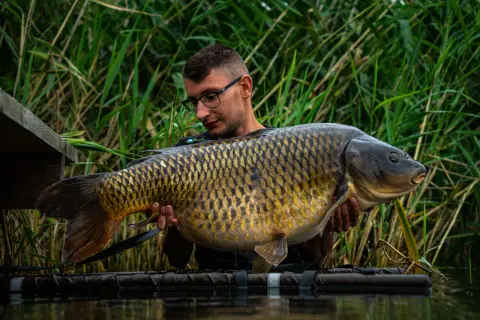Wędkarz z Radymna prezentuje okazałego karpia złowionego na łowisku Extra Carp.