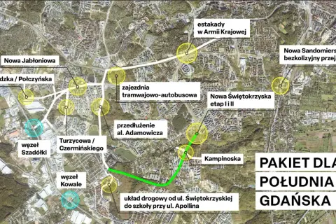 Mapa planowanych inwestycji drogowych w Gdańsku. Widoczny zielona zatoka łącznik między ulicami.