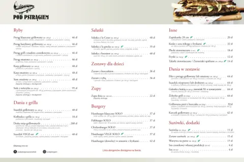 Menu restauracji "Pod Pstrągiem" z daniami rybnymi, sałatkami, zupami, burgerami i daniami w zestawie. W tle widać pstrąga na desce.