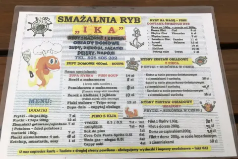 Menu smażalni ryb "Ika" w Łańcucie. Oferuje ryby na wagę, obiady domowe, zupy, pierogi, desery i napoje. Dostępne są również zestawy obiadowe z ryb.