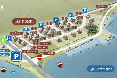 Mapa ośrodka Domki Kuter Port. Widoczne domki, parkingi, toalety, pralnia, recepcja, grill i łowisko.