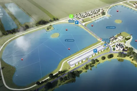 Mapa kompleksu łowisko kuter port. Widok z lotu ptaka na jeziora, domki, parkingi, toalety i sklepik.