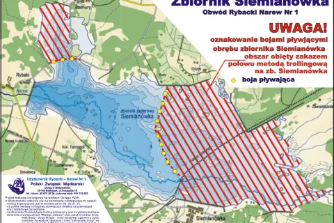 Mapa zbiornika Siemianówka z zaznaczonym obszarem zakazu trollingu. Obwód Rybacki Narew Nr 1 PZW Ujazd.