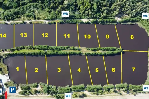 Widok z lotu ptaka na łowisko Borowy Staw. Stawy podzielone na sektory z numeracją od 1 do 14. Widać parking (P) i toalety (WC).