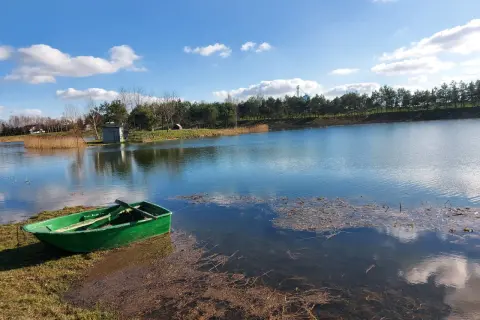 Zielona łódka czeka nad spokojnym jeziorem, idealnym na łowisko u karasia. W tle las i błękitne niebo z chmurami.