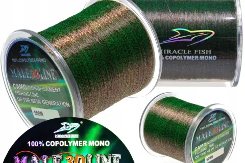 Żyłka wędkarska Miracle Fish Male 3D Line Camo, 100% kopolimer mono, 600m. Najlepsza żyłka do feedera, idealna na nowe pokolenie wędkarzy.