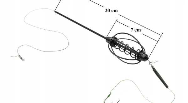 Akcesoria do metody jak zrobić wędkę na grunt: koszyczek zanętowy 7 cm, żyłka 71 cm, haczyk 1,8 cm.