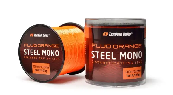 Jaka żyłka na karpie? Pomarańczowa żyłka Tandem Baits Steel Mono, 1200m, 0,35mm, test 8,50kg. Idealna na dalekie rzuty.