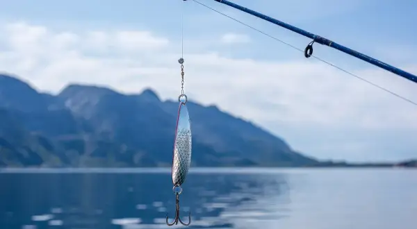 Srebrzysta błystka z kotwiczką, idealna jako jaka wędka na szczupaka, wisi na żyłce na tle gór i jeziora.
