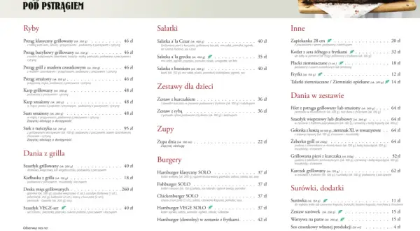Menu restauracji "Pod Pstrągiem" z daniami rybnymi, sałatkami, zupami, burgerami i daniami w zestawie. W tle widać pstrąga na desce.