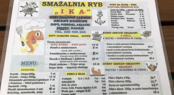 Menu smażalni ryb "Ika" w Łańcucie. Oferuje ryby na wagę, obiady domowe, zupy, pierogi, desery i napoje. Dostępne są również zestawy obiadowe z ryb.