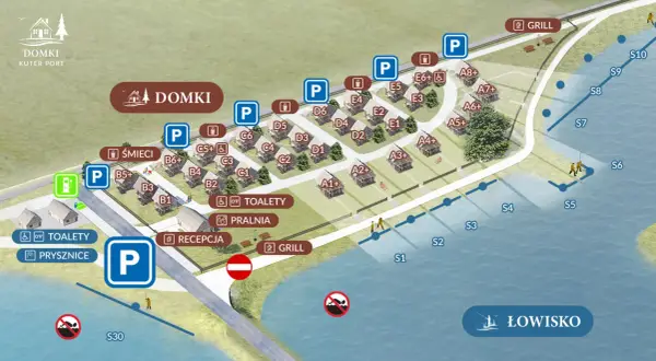 Mapa ośrodka Domki Kuter Port. Widoczne domki, parkingi, toalety, pralnia, recepcja, grill i łowisko.