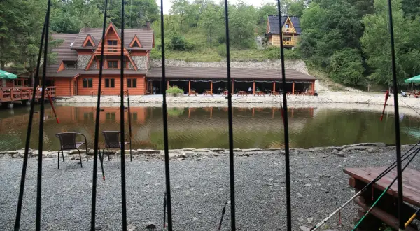 Wędki czekają nad jeziorem. Malownicze łowisko komercyjne dolnośląskie z drewnianymi domkami i zadaszoną restauracją.