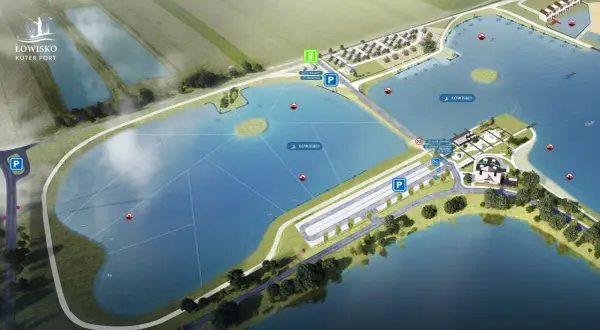 Mapa kompleksu łowisko kuter port. Widok z lotu ptaka na jeziora, domki, parkingi, toalety i sklepik.
