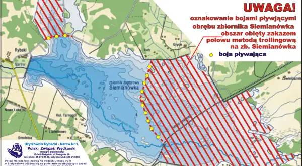 Mapa zbiornika Siemianówka z zaznaczonym obszarem zakazu trollingu. Obwód Rybacki Narew Nr 1 PZW Ujazd.