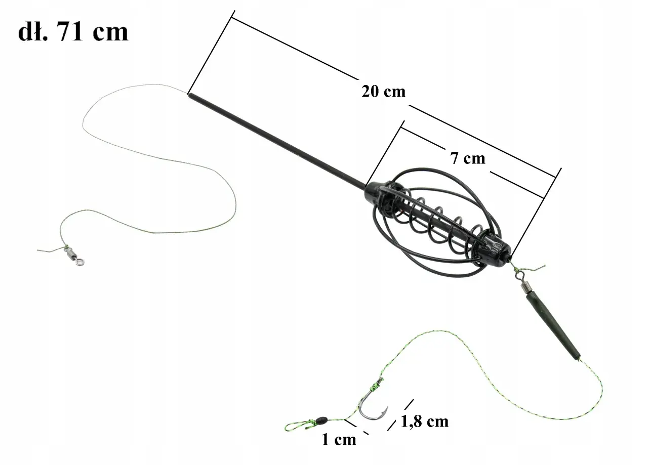 Akcesoria do metody jak zrobić wędkę na grunt: koszyczek zanętowy 7 cm, żyłka 71 cm, haczyk 1,8 cm.