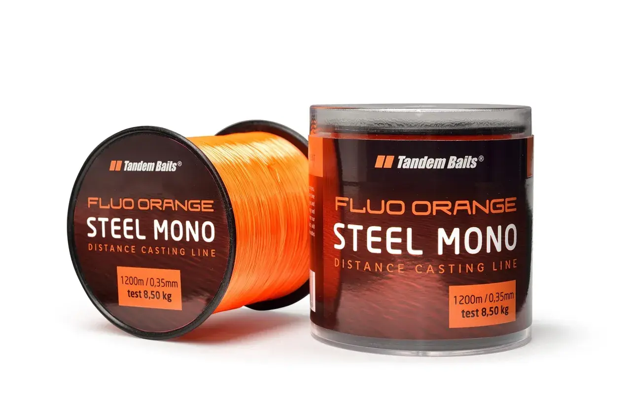 Jaka żyłka na karpie? Pomarańczowa żyłka Tandem Baits Steel Mono, 1200m, 0,35mm, test 8,50kg. Idealna na dalekie rzuty.