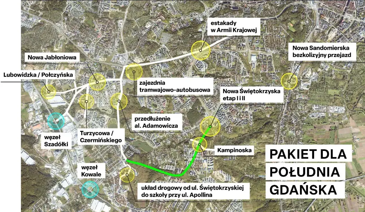 Mapa planowanych inwestycji drogowych w Gdańsku. Widoczny zielona zatoka łącznik między ulicami.
