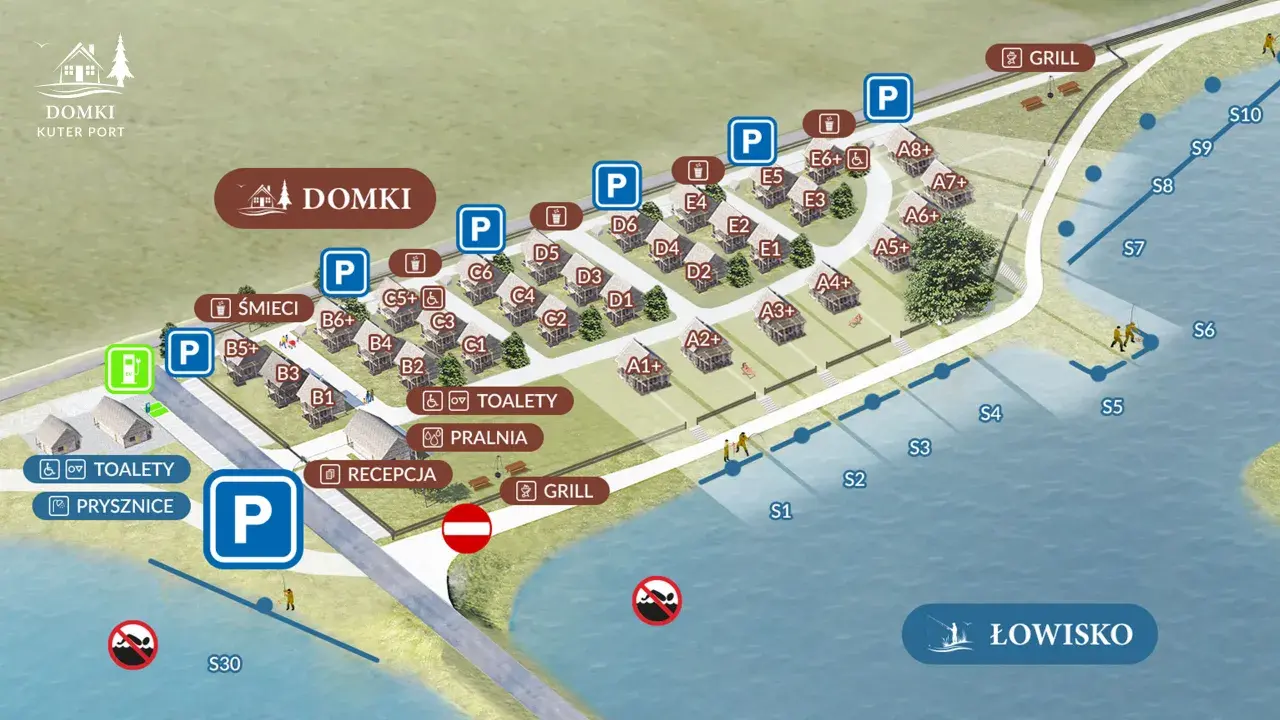Mapa ośrodka Domki Kuter Port. Widoczne domki, parkingi, toalety, pralnia, recepcja, grill i łowisko.