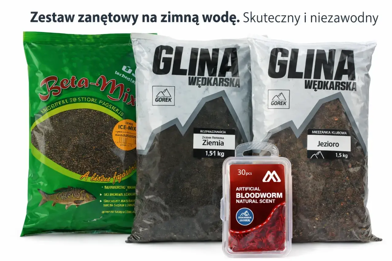 Zestaw na grunt bez koszyczka: zielona torba z zanętą Beta-Mix, dwie torby z gliną wędkarską i pudełko sztucznych robaków.