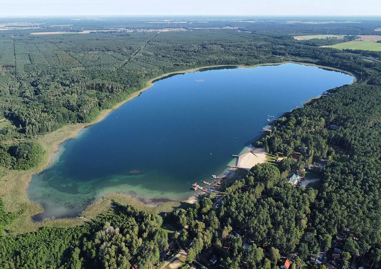Głębokie jezioro lubelskie otoczone lasem, z piaszczystą plażą i pomostami.