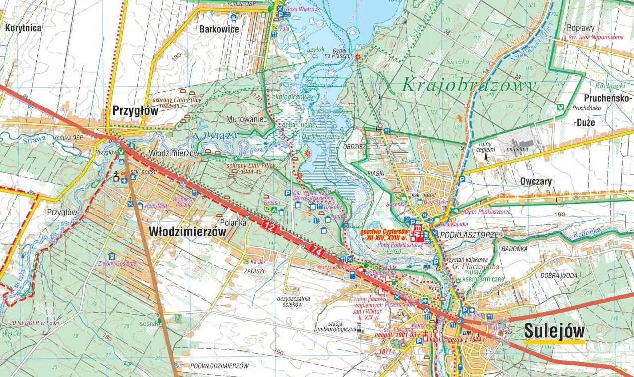 Mapa turystyczna z zaznaczonym zalewem Opatowskim w Zochcinku, drogami, miejscowościami i szlakami.
