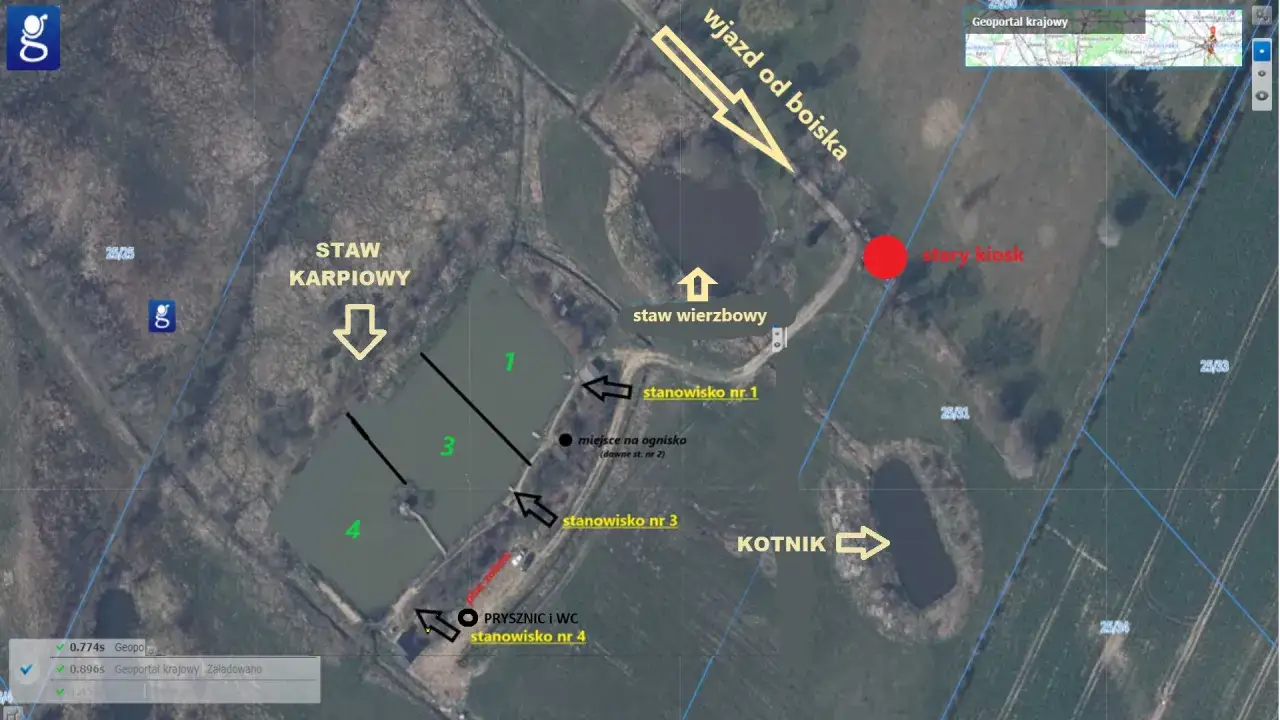 Mapa łowiska Orle Stawy z zaznaczonym stawem karpiowym, stawem wierzbowym, stanowiskami wędkarskimi, miejscem na ognisko, prysznicem i WC.