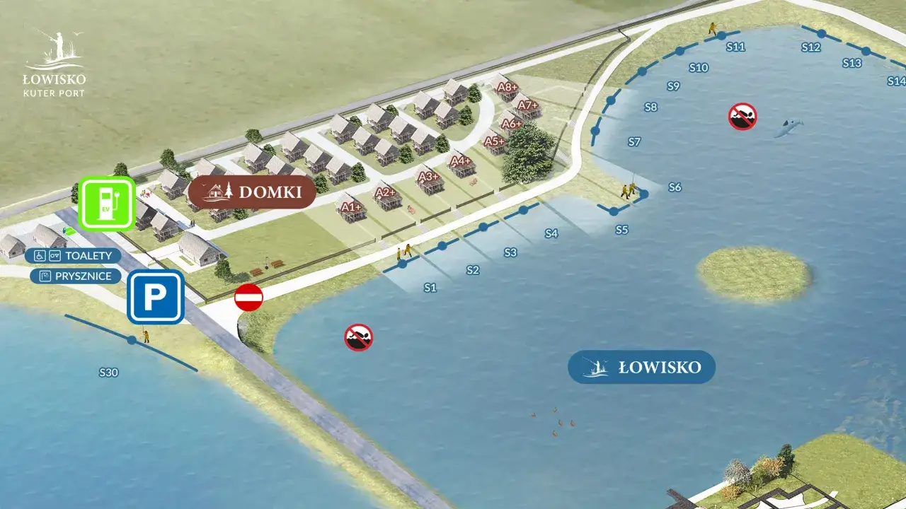Mapa łowiska Hermanowo z domkami, parkingiem, toaletami i prysznicami. Widoczne stanowiska wędkarskie S1-S14, S30. Sprawdź cennik łowiska Hermanowo.