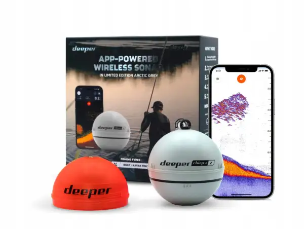 Deeper Chirp+ 2, sonar wędkarski, z aplikacją na telefonie pokazującą ryby. Pomarańczowy i biały model.