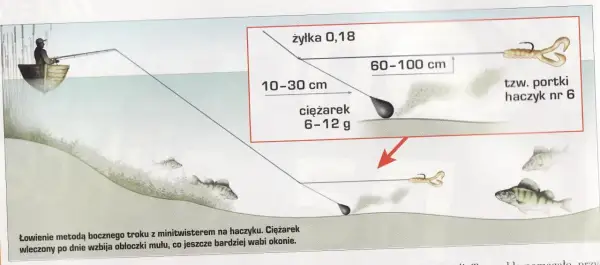 Schemat boczny trok na spławik: żyłka 0,18, ciężarek 6-12g, haczyk nr 6 z przynętą. Wędkarz w łodzi łowi okonie.