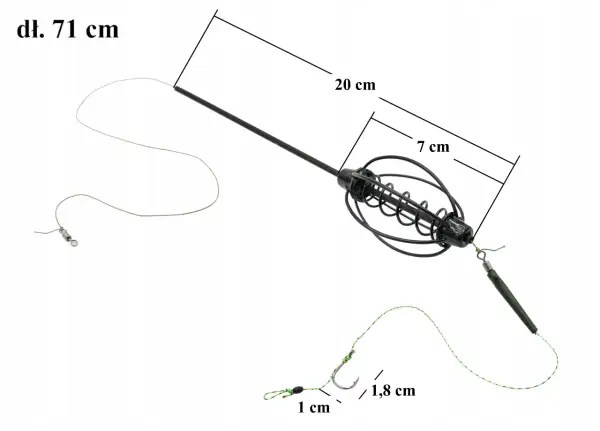 Akcesoria do metody jak zrobić wędkę na grunt: koszyczek zanętowy 7 cm, żyłka 71 cm, haczyk 1,8 cm.